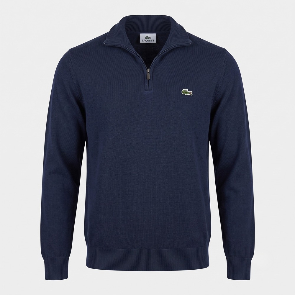 Lacoste Mens XL(6) Navy Blue Sweater Quarter Zip Cotton Pullover Logo Classic